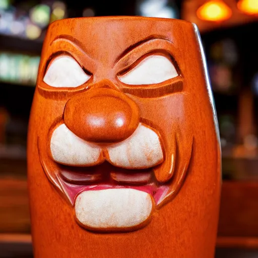 Image similar to a closeup photorealistic photograph of an orange cat garfield style tiki mug sitting at a trader vic's bar featuring garfield's face. tiki party. bright scene. fine detail. this 4 k hd image is trending on artstation, featured on behance, well - rendered, extra crisp, features intricate detail, epic composition and the style of unreal engine.