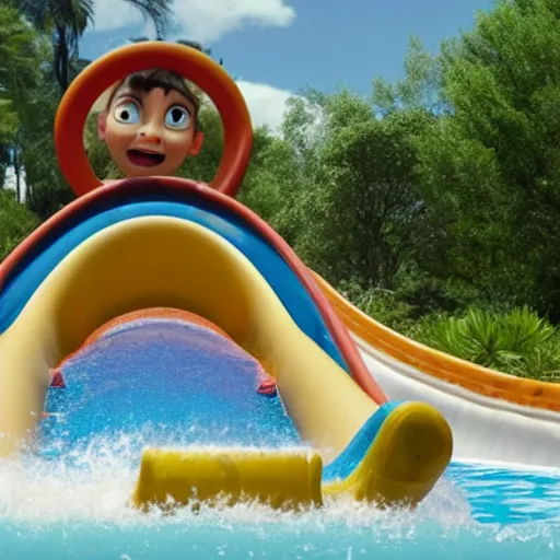 Image similar to a Still from a pixar movie of kids coming down a waterslide