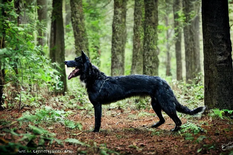 Prompt: canine werecreature, color photograph captured in the woods