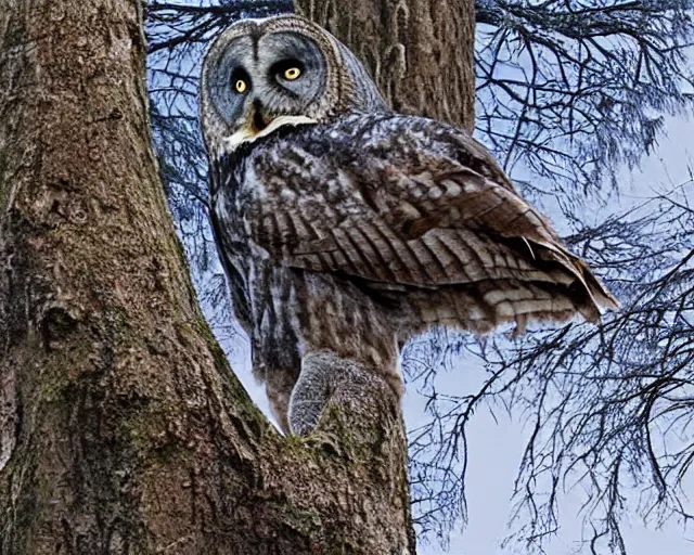 Prompt: an 5 5 - year old man sees a great grey owl in a tree in front of him, concept art from the short story'mouth and mind'set in chatham, ontario, realistic modern supernatural horror thriller aesthetic, hd 4 k 8 k digital matte painting, by david mattingly and michael whelan. layout in the style of christopher mckenna and gregory crewdson