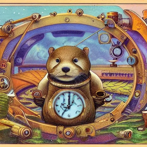 Image similar to a steampunk otter inventor, fantasy illustration, Louis William Wain