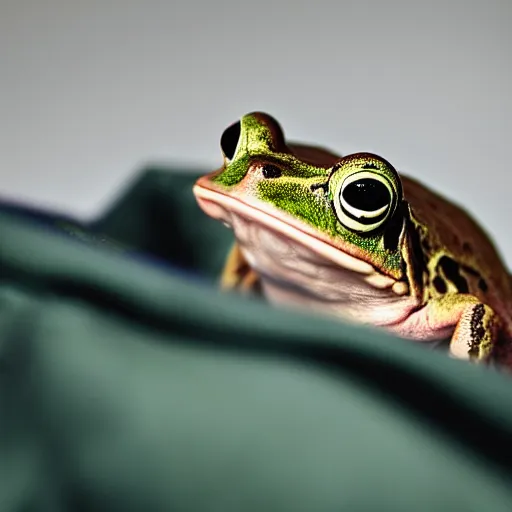 Image similar to a picture of a funny frog peeking out of a jacket pocket, 4K