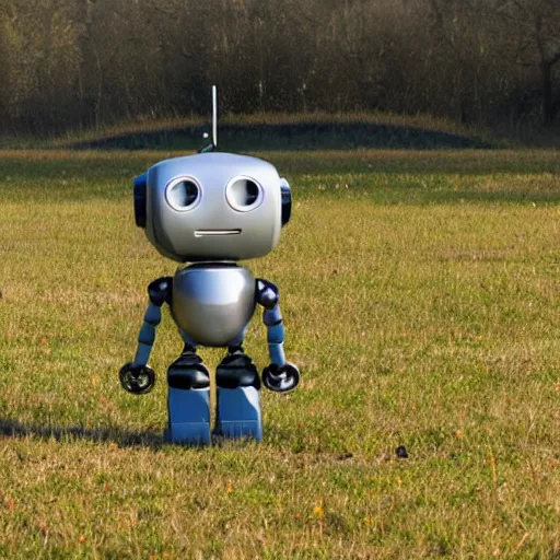 Prompt: a small lonely robot in the field, Одинокие роботы, открывающие для себя мир картина, одиночество, робот