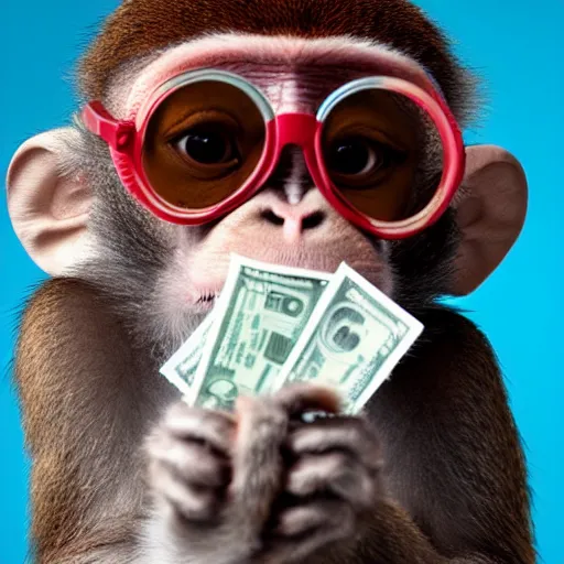 Prompt: Monkey wearing cool glasses and holding dollars, photo, 8k