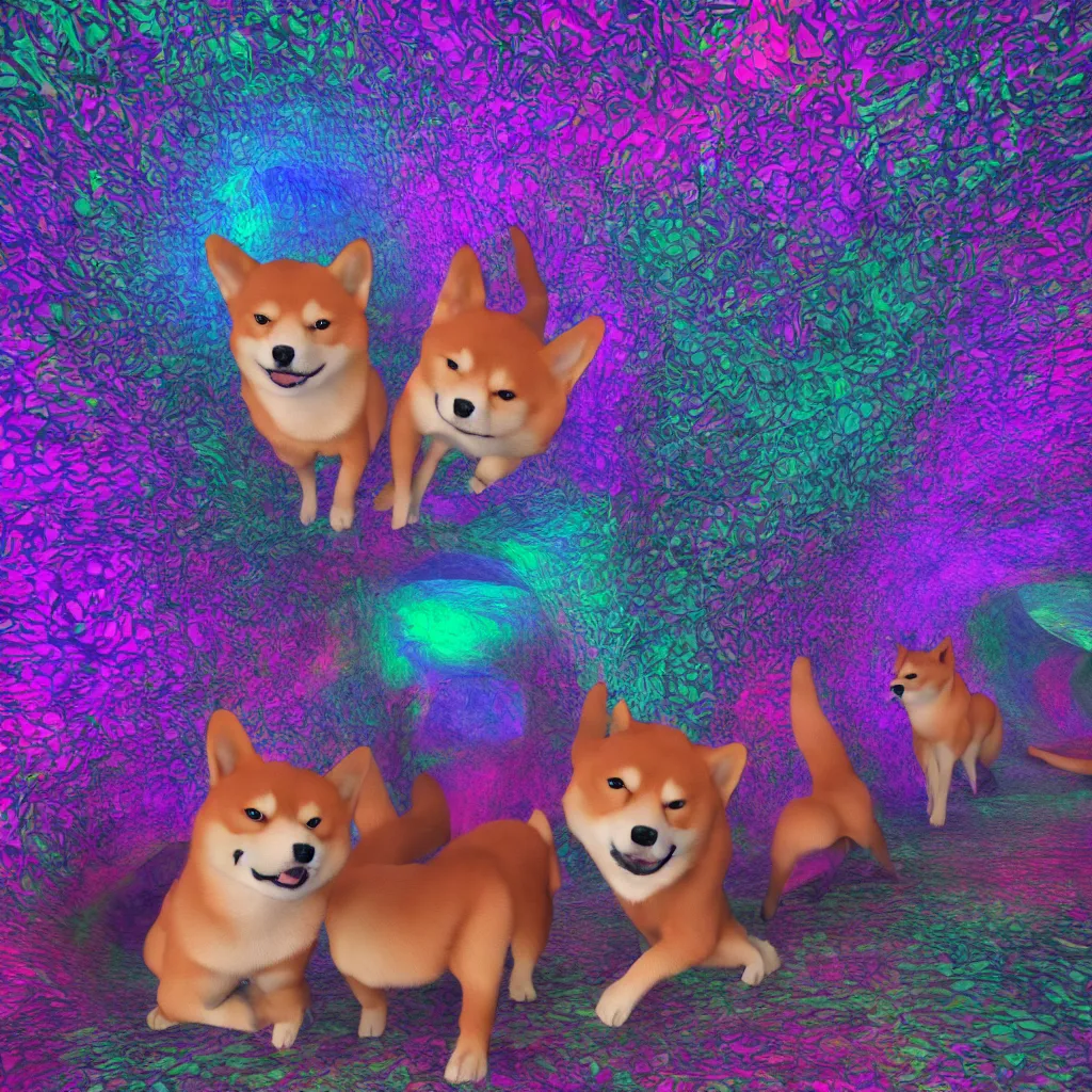 Image similar to two shiba inu in the psychedelic dmt fourth dimensional tunnel, octane 3 d render