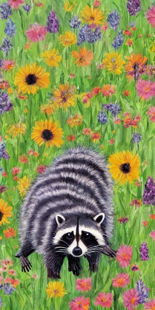 Prompt: painting raccoon in field of flowers,