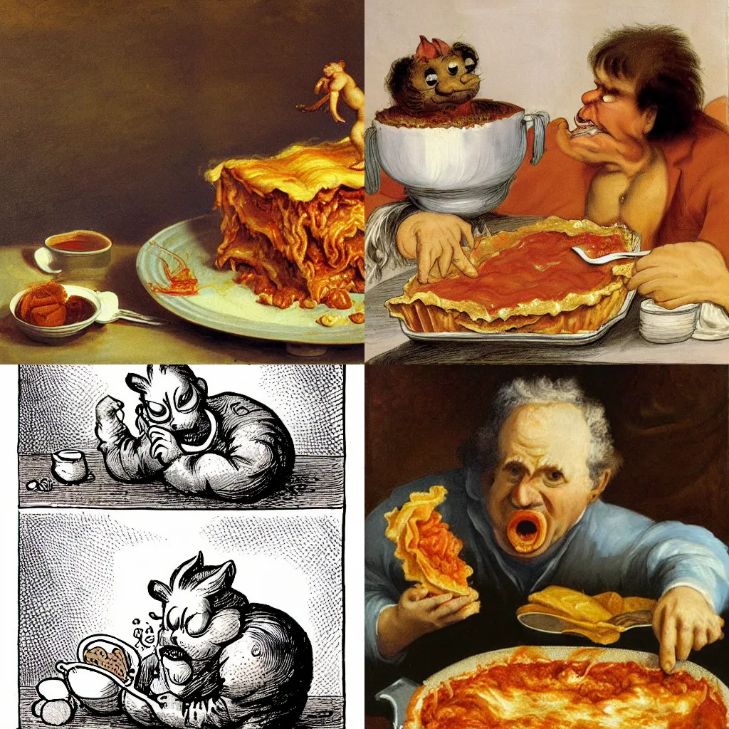 Prompt: Garfield devouring a piping hot lasagna in the style of Goya's Saturn devouring his Child