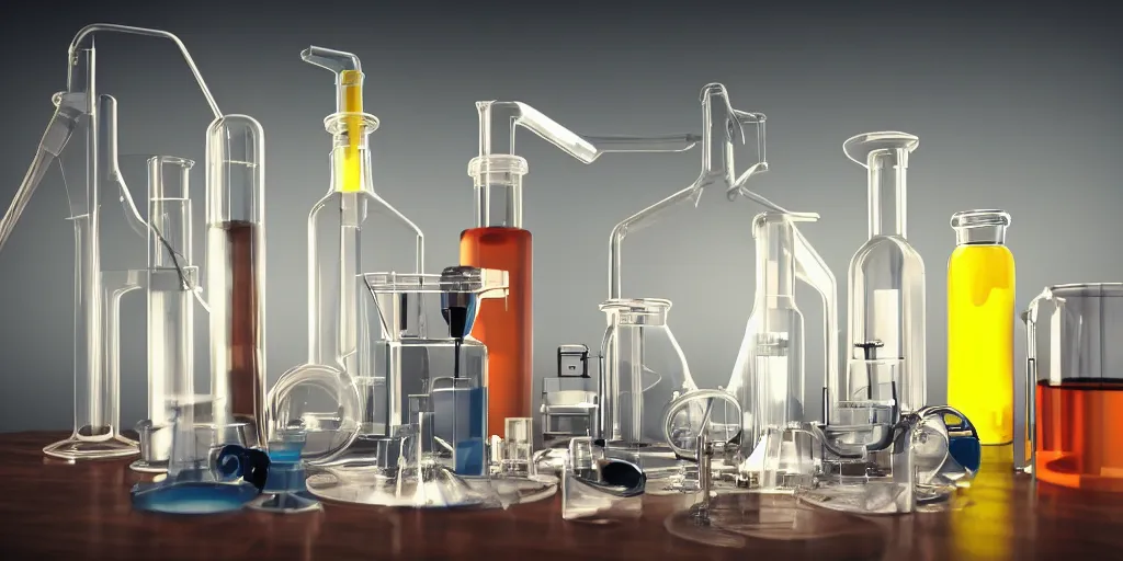 Image similar to instruments being used to mix chemicals, scientist, blender, 3d, apartment