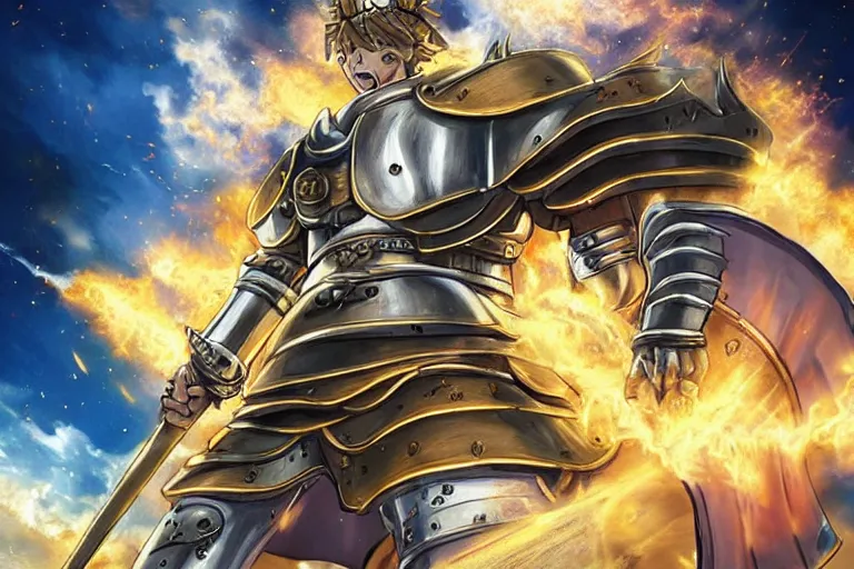 Prompt: an ultra detailed portrait of king richard the lionhearted as a paladin shonen anime protagonist charging into battle wearing a horned helmet and bright gold armor with a huge flaming longsword blessed by god, epic anime fantasy, 8 k, volumetric lighting, smooth, highly detailed, digital illustration, art by kentaro miura and akira toriyama and artgerm