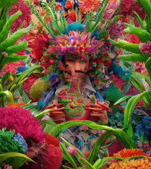 Image similar to quetzalcoatl, surrounded by flowers, cinematography by jim jarmusch, moebius, katsuhiro otomo, rococo, trending on artstation, muted lighting, hyper realism, octane render, 8 k, hyper detailed, ink by dave gibbons