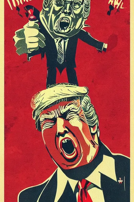 Image similar to Donald Trump as a disgusting monster on a 1970s horror movie poster , vintage 70s print, detailed, scary, horror, screen print, trending on artstation