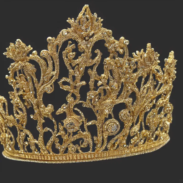 Image similar to Ultra realistic fantasy tiara, intricate detailed, gilded gold and diamonds, sharp focus, octane render, high quality, 8k, volumetric lighting, on black background !dream