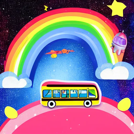 Image similar to a bus riding a rainbow in space, cartoon art, colorful