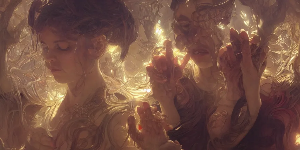 Prompt: too many hands, gnarled, so many hands, fingers, weird amount of hands, intense lighting, light beams, lens flare, intricate, elegant, highly detailed, digital painting, artstation, concept art, smooth, sharp focus, illustration, art by artgerm and greg rutkowski and alphonse mucha