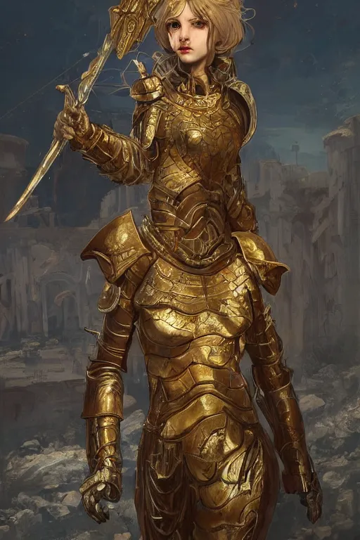 Image similar to portrait knights of Zodiac girl, golden and copper reflected armor, in ruined Agora of Athens, ssci-fi, fantasy, intricate, very very beautiful, elegant, highly detailed, digital painting, artstation, concept art, smooth, sharp focus, illustration, art by tian zi and WLOP and alphonse mucha