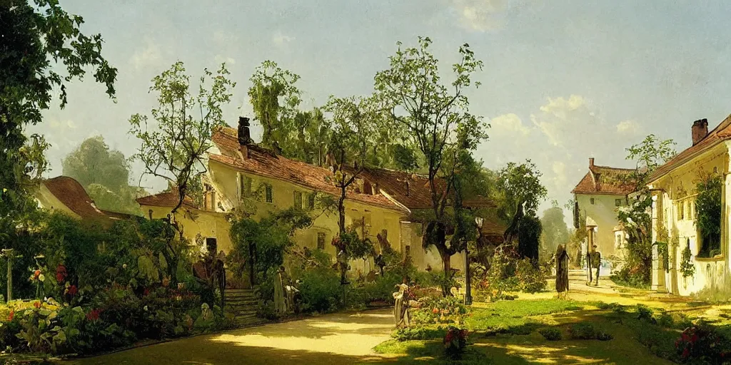 Prompt: a painting of a small town with beautiful gardens by carl spitzweg and tuomas korpi