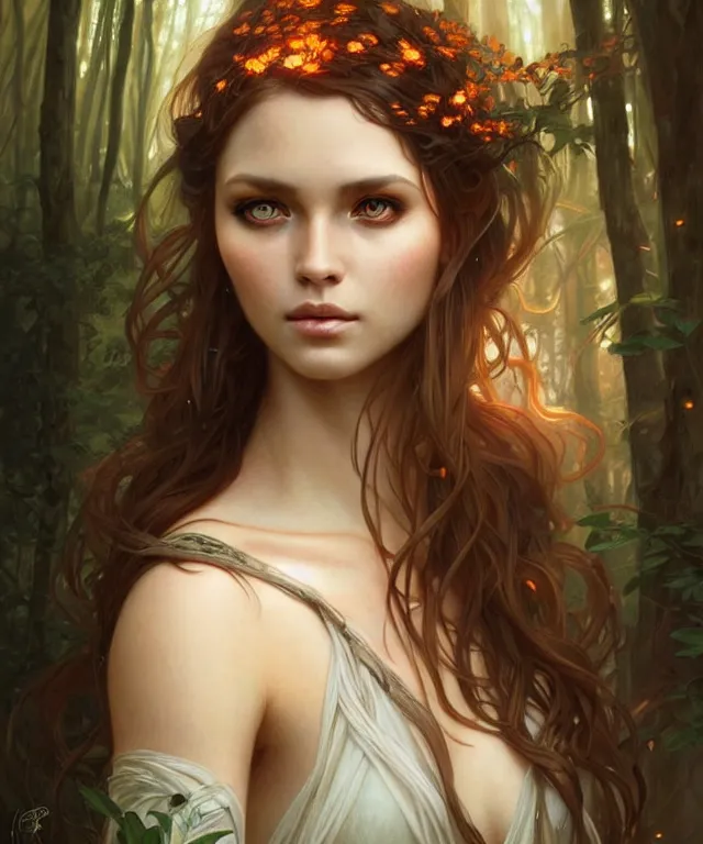 Image similar to Forest nymph woman portrait, amber eyes, face, long hair, fantasy, intricate, elegant, highly detailed, digital painting, artstation, concept art, smooth, sharp focus, illustration, art by artgerm and greg rutkowski and alphonse mucha