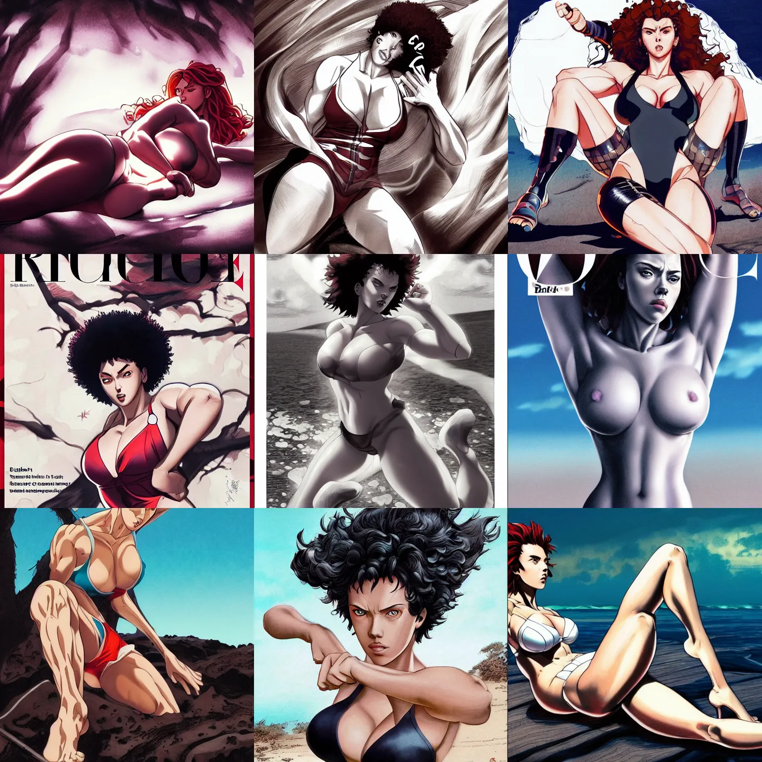 Prompt: scarlett johansson as baki with perfect symmetrical anatomical proportions, chun li, afro samurai animes style, by greg rutkowski, pencil and ink, dramatic lighting, lying down, wide angle lens, full body within frame, swim suite, beautiful beach in the background, magazine cover, vogue