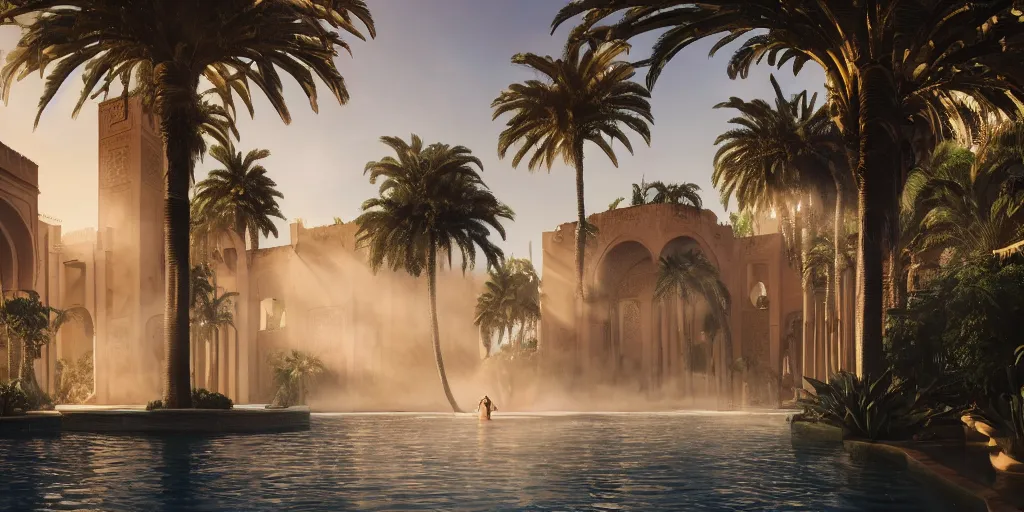 Image similar to beautiful bath house surrounded by palm trees, moroccan tile archways,, ivory towers, sun setting, ross tran, nephilim, pyroclastic flow, ethereal, fantasy, james jean, oozium, peter morbacher, angelarium, alchemy, luxury, heavenly light, soft illumination, trending on artstation, cinematic lighting, digital painting, octane render, artgerm