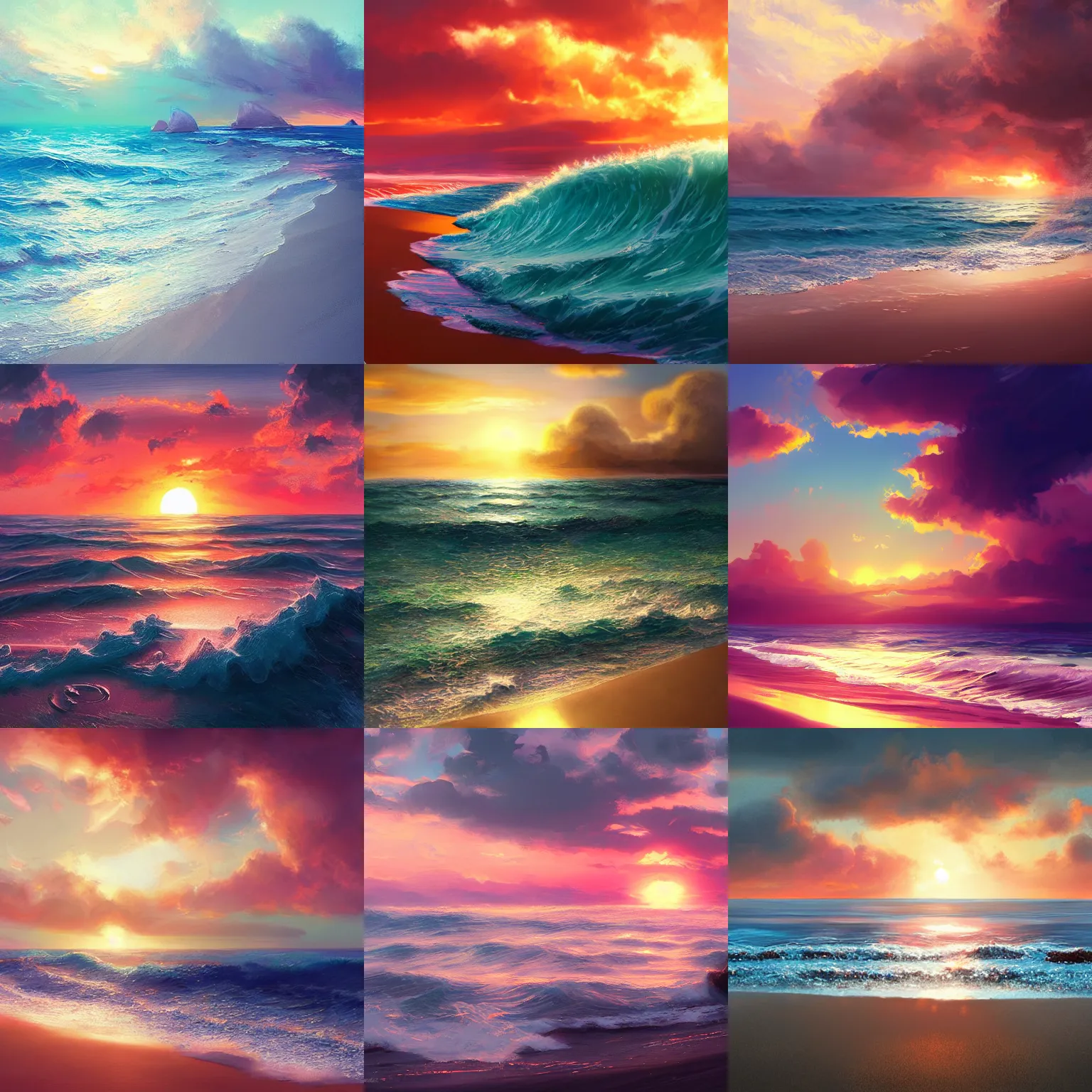 Prompt: beach, ocean, islands!!!!!, sunset, clouds, foamy waves, horizon, by WLOP, Artstation