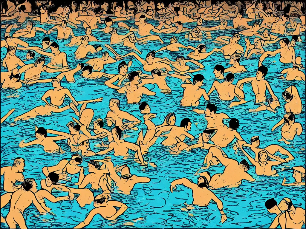 Prompt: a fine illustration of an ultra violent knife fight in a crowded floodlit swimming pool at dawn in the style of herge
