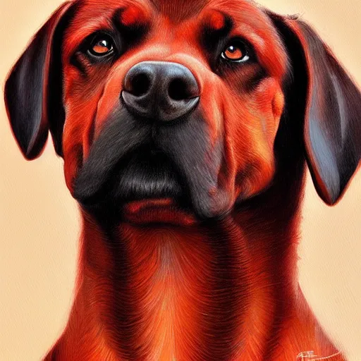 Image similar to red rottweiler, oil painting, artgerm, portrait, highly detailed, artstation