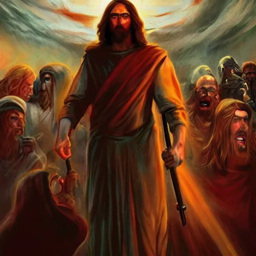 Prompt: Jesus Christ is the Doom slayer, conquering demons, cinematic realistic scene