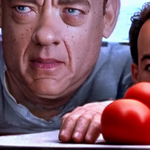 Prompt: still from a movie starring tom hanks with his head made out of a large tomato