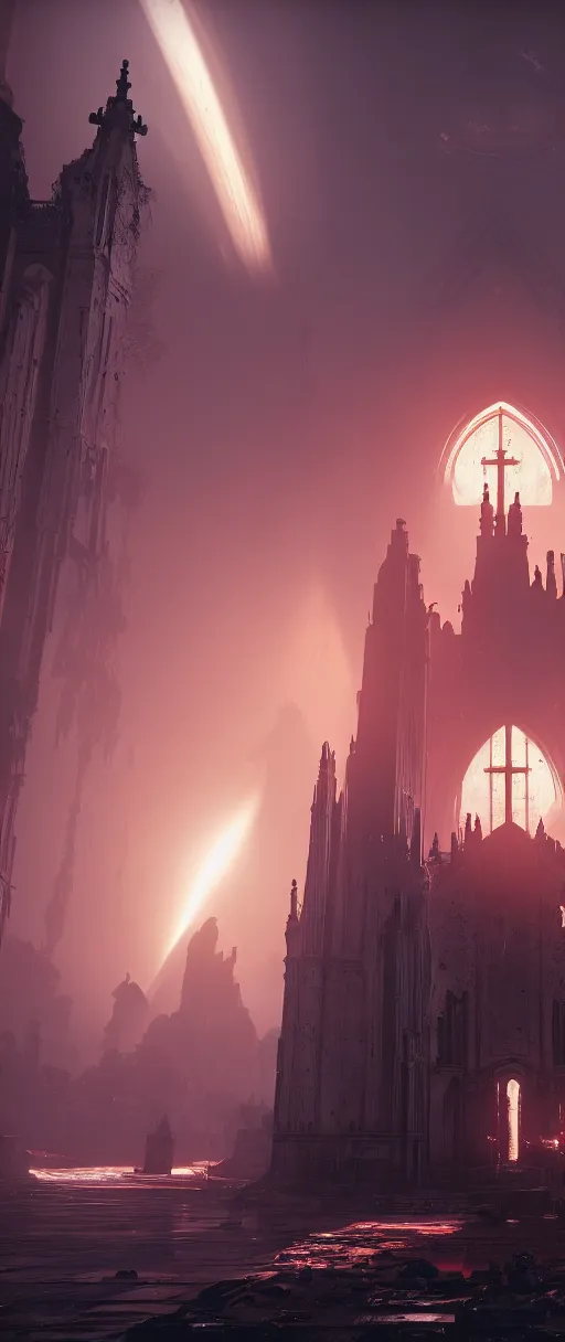 Image similar to symmetrical, centered composition, ancient church with red shafts of light in destiny 2, foggy, liminal, dark, dystopian, beautiful architecture, abandoned, highly detailed 4 k destiny 2 expansion key art wallpaper