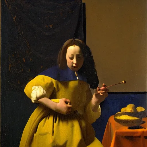 Prompt: An AI reimagining of The Art of Painting (1666) by Johannes Vermeer