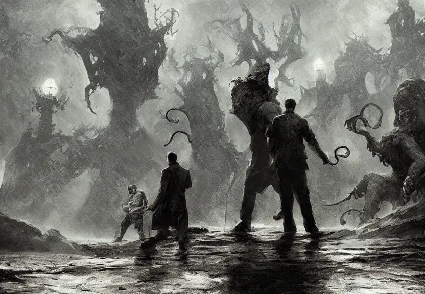 Image similar to painting of the figures of three investigators in a lovecraftian scenery, high contrast, concept art, dramatic lighting, digital art, 8 k, arkham city, call of cthulhu, extremely detailed, drawn by ruan jia