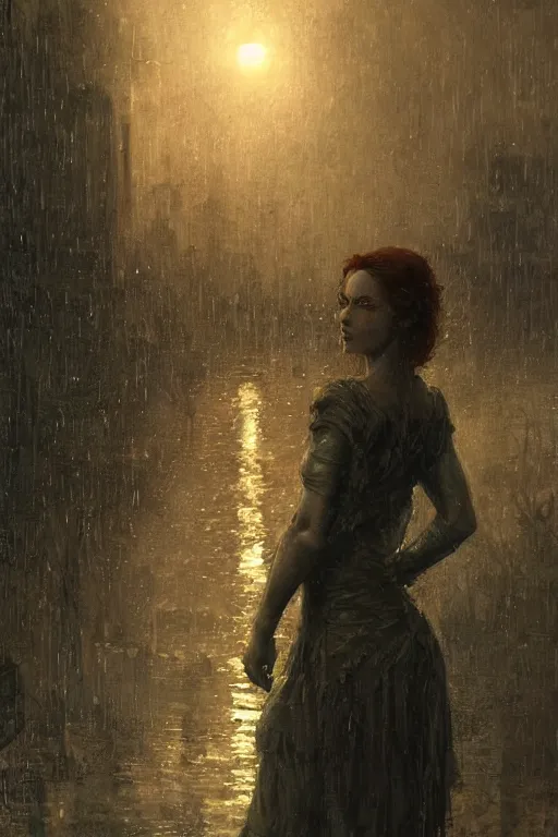 Prompt: Triss Merigold at night during rain, moody scene, highly detailed, intricate, sharp details, dystopian mood, 1950 scene by gaston bussiere, craig mullins, somber lighting, drawn by Giacomo Burattini, inspired by graphic novel cover art