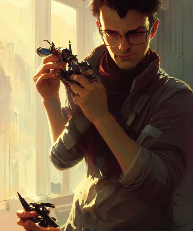 Image similar to Hacker man hacks computer, highly detailed, digital painting, artstation, concept art, smooth, sharp focus, illustration, art by artgerm and greg rutkowski and alphonse mucha