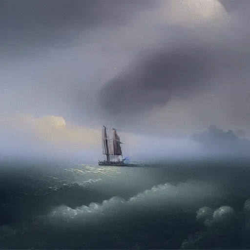 Image similar to a lonely ship drifting amongst the clouds , fog and heavy storm concept art in style of Ivan Aivazovsky