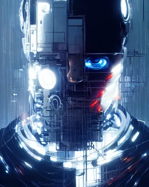 Image similar to cyborg removing its human mask revealing wires and gears behind its face, white mask, futuristic, y2k aesthetic, dramatic lighting, illustration by Greg rutkowski, yoji shinkawa, 4k, digital art, concept art, trending on artstation