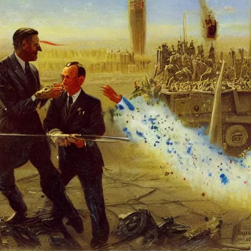 Image similar to George H.W. Bush destroys Iraq, oil on canvas, 1883, highly detailed