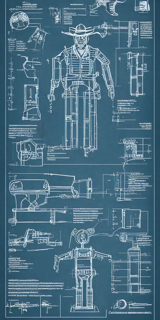 Image similar to robotic cowboy, blueprint, plans, infographic, poster, westworld, year 1850