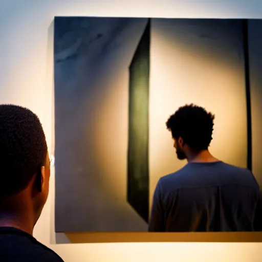 Image similar to A man staring at a painting of himself staring back. Modern art gallery. Wide angle. Photorealistic. Dramatic lighting. Award winning photography. 35mm photograph.