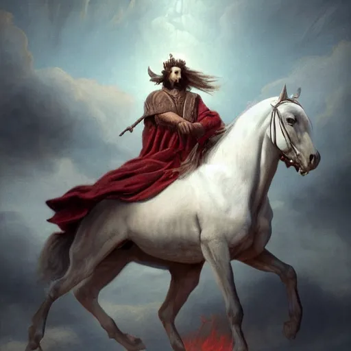 Prompt: a masterpiece matte painting of a man riding on a white horse with eyes like flames!, many crowns!! upon his head, a robe dipped in blood!, by gustav dore and paul barson, 8 k, uhd, cgsociety, trending on artstation, coruscation!!, crepuscular!!