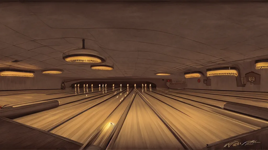 Image similar to art deco bowling alley, ultra detail, photoreal, soft moonlight lighting, realistic, wide angle, sharp focus, 8 k high definition, insanely detailed, intricate, elegant, art by artgerm and wlop