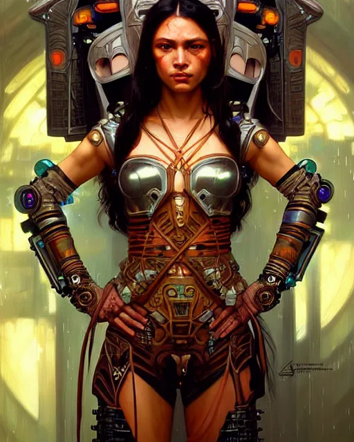 Image similar to portrait of a beautiful cyberpunk amazonian woman wearing a warrior armor, beautiful symmetrical face, fantasy, regal, by stanley artgerm lau, greg rutkowski, thomas kindkade, alphonse mucha, loish, norman rockwell.