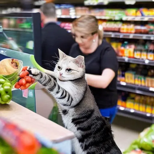 Prompt: a cat serving a customer at a checkout in a supermarket