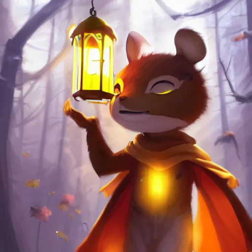 Image similar to concept art painting of an anthropomorphic luffy chipmunk wearing a yellow cloak, holding a lantern, in the deep forest, realistic, detailed, cel shaded, in the style of by isaac asimov and marc simonetti and makoto shinkai and greg rutkowski and james gurney