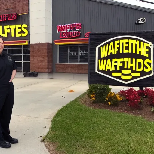 Image similar to wafflehouse employee's standing below wafflehouse sign, employees uniform is black and blue with yellow name tags