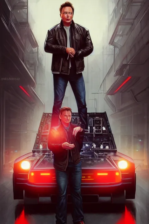 Image similar to elon musk as marty mcfly near cybertruck, realistic portrait, symmetrical, highly detailed, digital painting, artstation, concept art, smooth, sharp focus, illustration, cinematic lighting, art by artgerm and greg rutkowski and alphonse mucha