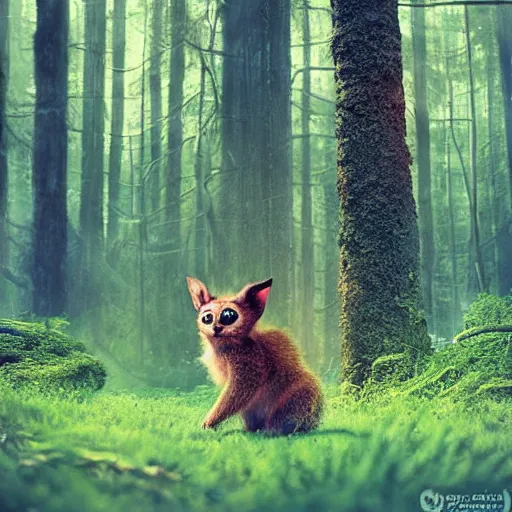 Prompt: a cute furry creature with long ears standing in a forest, big glowing eyes, fantasy, michael kutsche, cinematic lighting