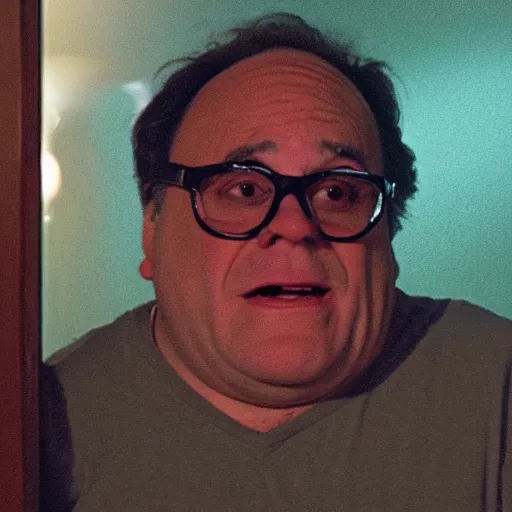 Prompt: still image from a found footage movie of devito staring hungrily through a window at night