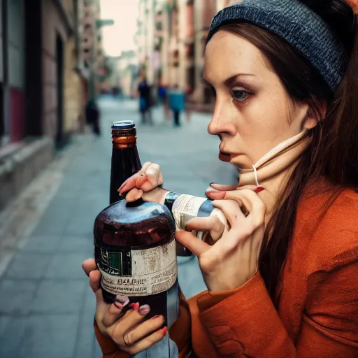 Image similar to photograph of antromoponorfic woman holding a bottle in street, surrealism, fashion shoot, award winning, kodak, 4 k, realistic intricate detail, hyper detail, woman very tired, full body potrait holding bottle, hazel green eyes, realistic, highlydetailed, natural, masterpiece, sharp focus, jennysaville