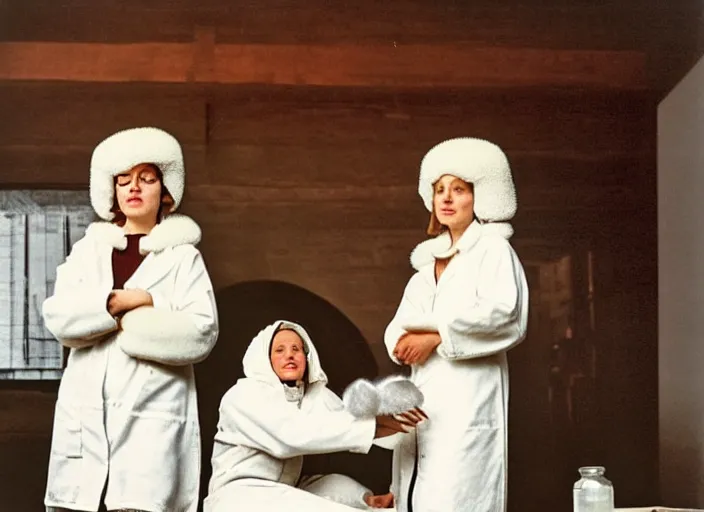 Prompt: realistic photo of a two medieval female scientists wearing white cotton jackets, watching at a levitating fluffy furry cloud, living room laboratory interior is made of wood 1 9 9 0, life magazine reportage photo, natural colors