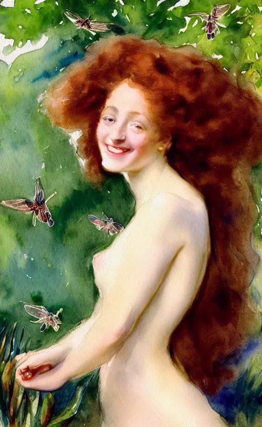 Image similar to the face of a young woman with marble complexion, angelic features, dancing curls around her face, her head raised in rapture, laughing, symmetrical eyes, watercolor by john singer sargent, background lush vegetation, insects and birds, 8 k uhd